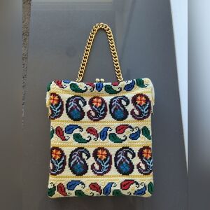 Vintage Needlepoint Purse Gilt Brass Frame and Coin Purse Paisley Boho Chic K16